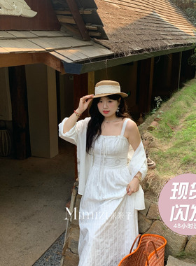 米米子微胖大码胖mm“晴日白茉”度假风烧花刺绣无袖白色连衣裙春