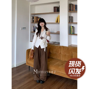 少女高腰棕色直筒休闲长裤 米米子微胖大码 型 公认好裤 女秋 胖mm