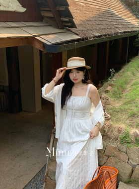 米米子微胖大码胖mm“晴日白茉”度假风烧花刺绣无袖白色连衣裙春