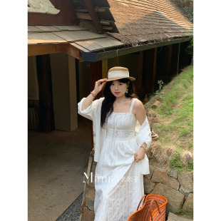 度假风烧花刺绣无袖 晴日白茉 白色连衣裙春 胖mm 米米子微胖大码