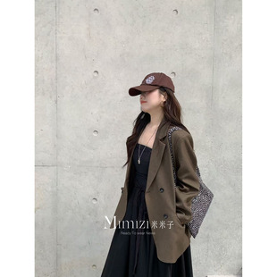 西装 中古风休闲翻领纽扣咖棕色长袖 外套女春 胖mm 米米子微胖大码