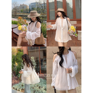 休闲纯欲显瘦长袖 白桃纱梦 挖肩蕾丝上衣春 胖mm 米米子微胖大码