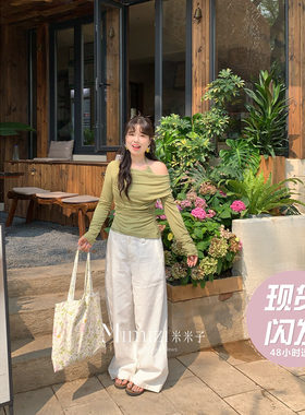 现货米米子微胖大码胖mm 牛油果绿蕾丝荡领假两件针织长袖上衣