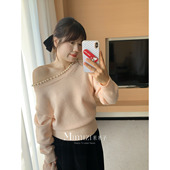 纯欲套头宽松长袖 淡水粉珍珠 两穿针织毛衣 胖mm 米米子微胖大码