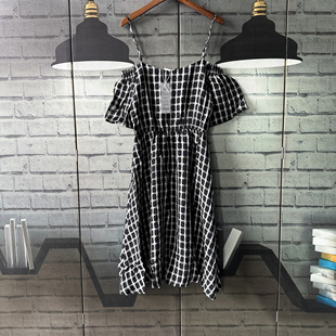 胸围86衣长105袖 长20露肩吊带连衣裙格子大摆裙小个子女生D602