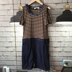 胸围80衣长89小个子女生露肩短袖 连衣裙条纹拼接C212