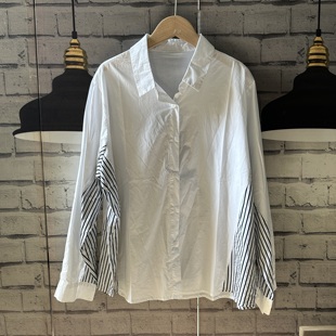 条纹拼接棉衬衫 衬衫 女C642 开衫 胸围124衣长52宽松有长袖