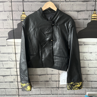 胸围100衣长48肩宽42袖 国风盘扣pu软皮外套风衣女E012 长55
