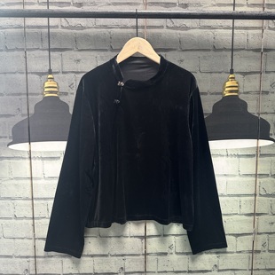 套头衬衫 春季 单穿打底衬衫 国风黑色丝绒立领长袖 女C642 宽松新中式