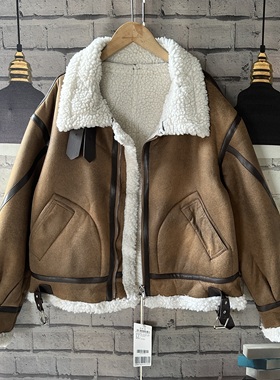 大码女装新品翻领加厚保暖麂皮绒一体皮毛拉链大翻领女D31