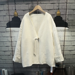 新中式高级感宽松双面呢拼接袖子刺绣加棉拼接大码女装外套A223