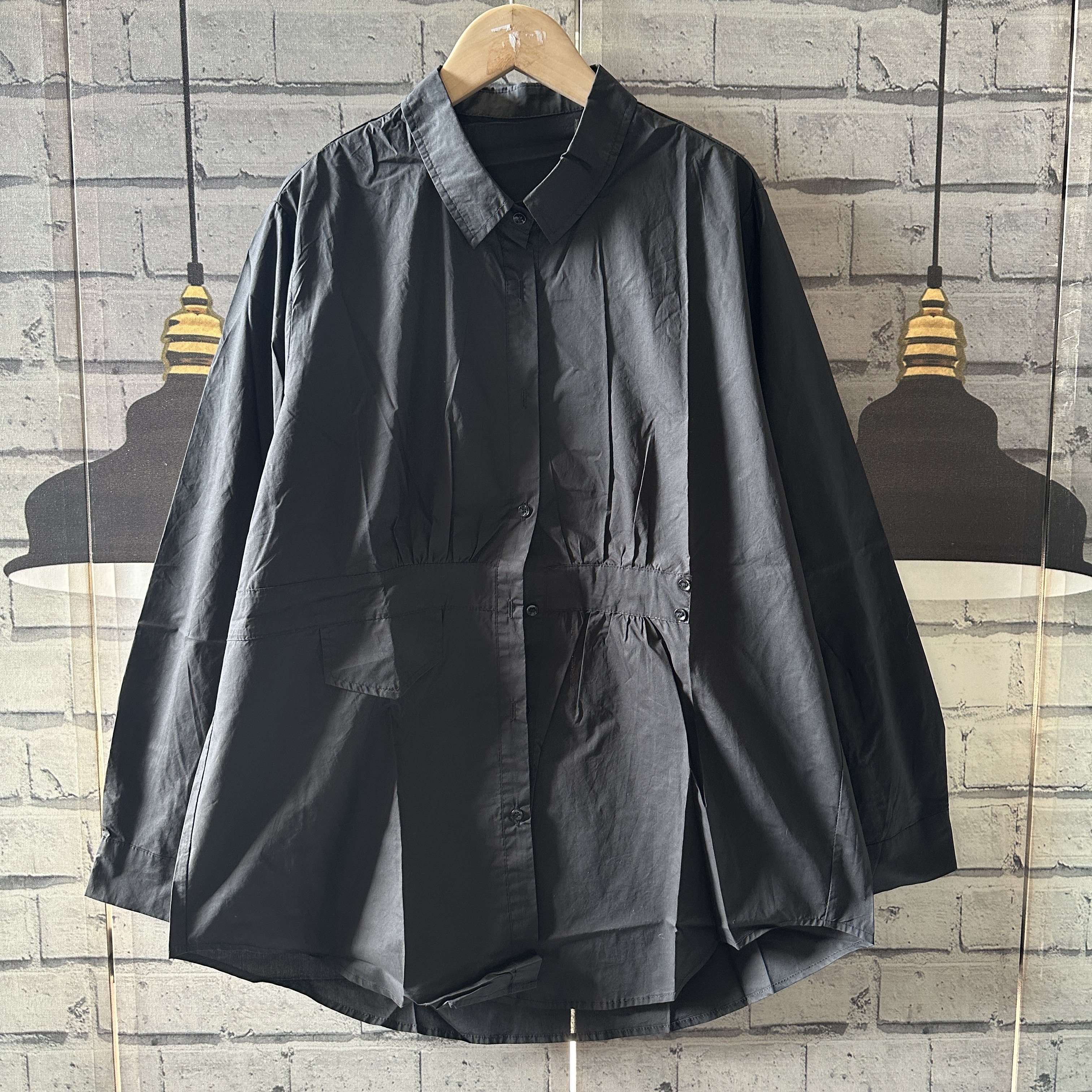 日系原单宽松大码全棉大码黑色衬衫长袖宽松短款打底单穿衬衫