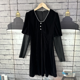 小个子气质高雅女装 拼接连衣裙微瑕A551 丝绒有内里针织袖