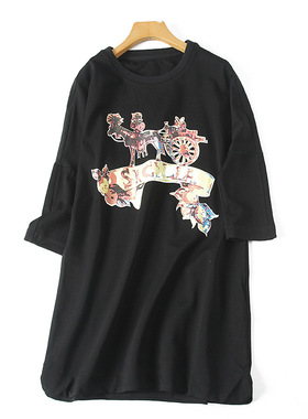 清仓价高端面料！圆领印花弹力罗马布修身蝙蝠袖中袖卫衣D901