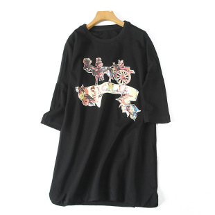 中袖 蝙蝠袖 卫衣D901 圆领印花弹力罗马布修身 清仓价高端面料