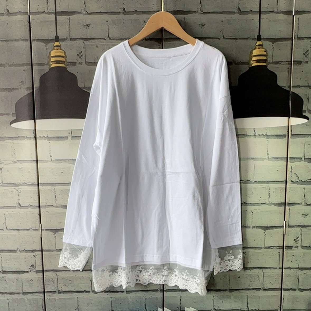胸围118衣长76原单高货高支纯棉蕾丝花边拼接宽松长袖T恤打底单穿