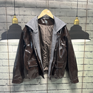 原单高级感连帽假2件pu皮衣机车服外套A464