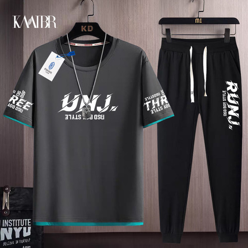 短袖t恤套装男夏季休闲运动半袖男体恤青少年一套帅气百搭男装潮