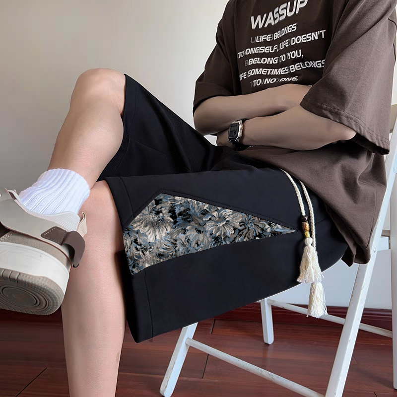 国潮新中式拼接短裤男士夏季薄款国风直筒宽松休闲运动五分裤子