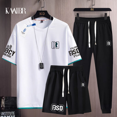 韩版短袖t恤男夏季2026新款美式宽松五分袖青少年休闲半袖套装