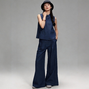 华韵风华·进口棉麻弹力牛仔新中式套装女无袖显瘦显高阔腿裤套装
