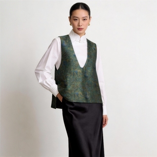 华韵风华·幻彩提花新中式国风马甲女上衣高级感气质v领宽松长款