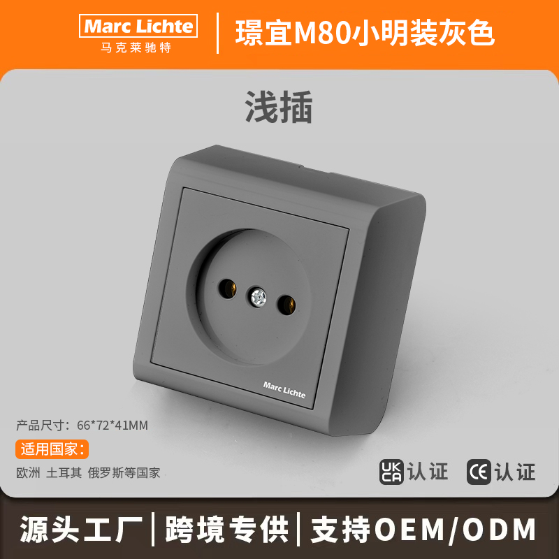 浅插10A16A欧标俄罗斯插座单联明装一体二圆孔墙壁明线灰色面板