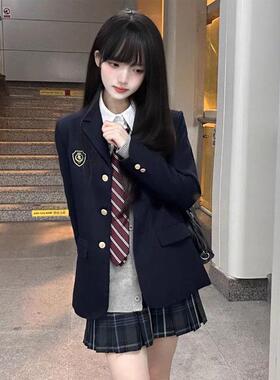 原创jk制服套装秋冬西装外套女学院日系风校供感黑色jk西装三件套