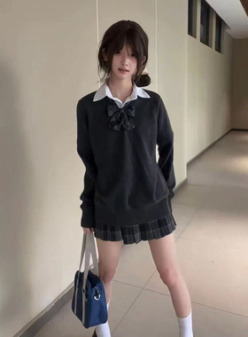 原创jk制服套装学院风日系深灰色毛衣开衫外套高腰百褶裙春秋套装
