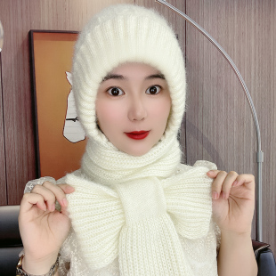 冬天防寒帽子围巾一体插口式菠萝款女士一体帽松鼠绒风雪帽秋冬新