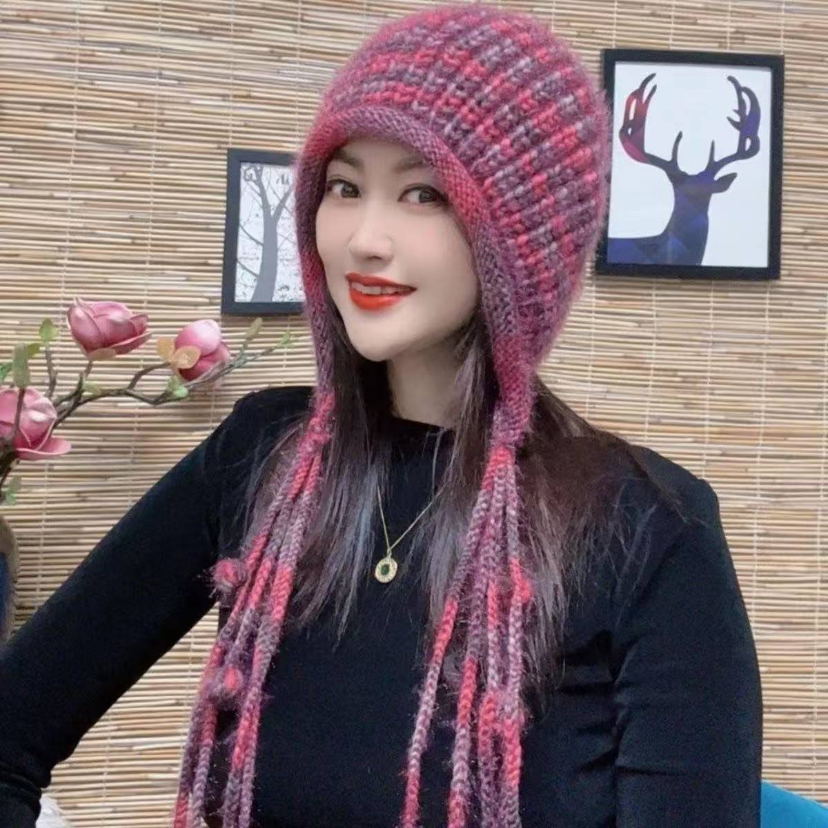 新款手工秋冬彩虹流苏绑带时尚帽子百搭护耳保暖包头针织毛线帽