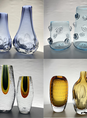 现代轻奢厚重琉璃玻璃花瓶大气泡渐变双层水培花器设计师家居摆件