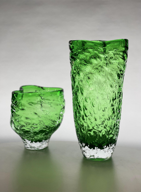 高品质纯净厚重绿色冰川纹异形琉璃花瓶玻璃水培鲜花绿植玫瑰摆件