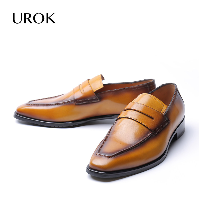 urok男士正装皮鞋定做真皮商务男鞋手工定制乐福鞋