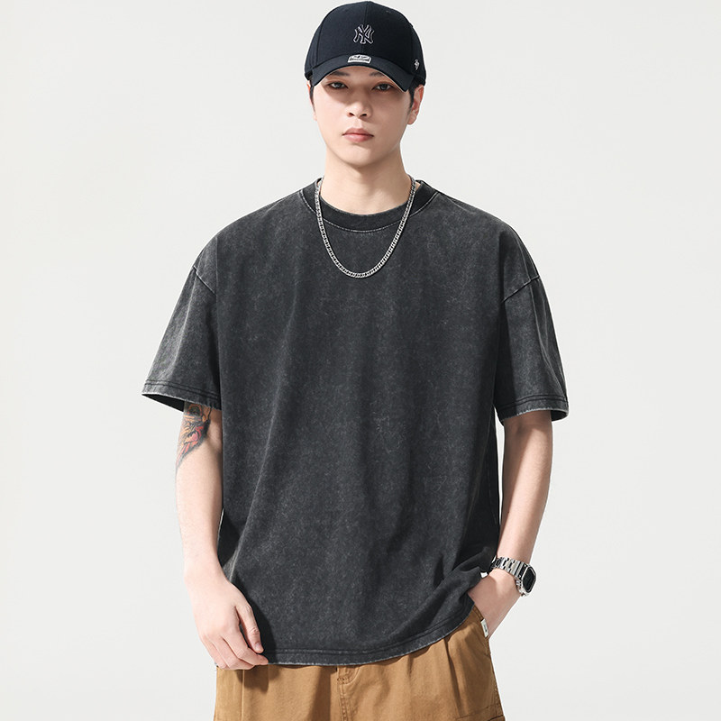 宸轩大码男装美式复古短袖T恤夏季休闲宽松圆领做旧胖子潮流上衣