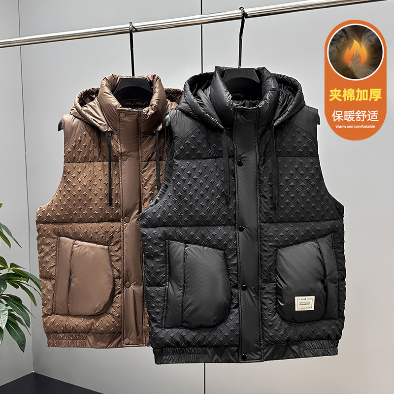 胖子宽松休闲可拆卸帽棉背心坎肩