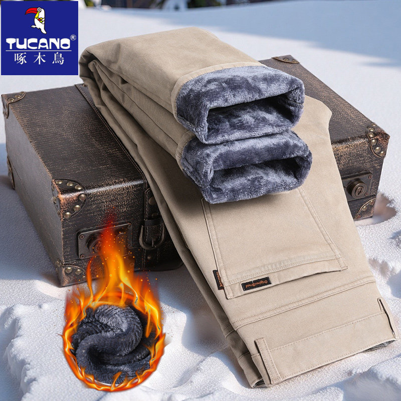 啄木鸟加绒加厚休闲裤男2025新款修身直筒裤百搭冬季保暖长裤子男,男装,休闲裤,淘宝优惠券,粉丝福利购,淘宝优惠卷