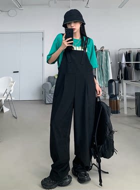 早秋新款宽松黑色连体大码女装胖妹妹显瘦阔腿休闲裤背带裤西装裤