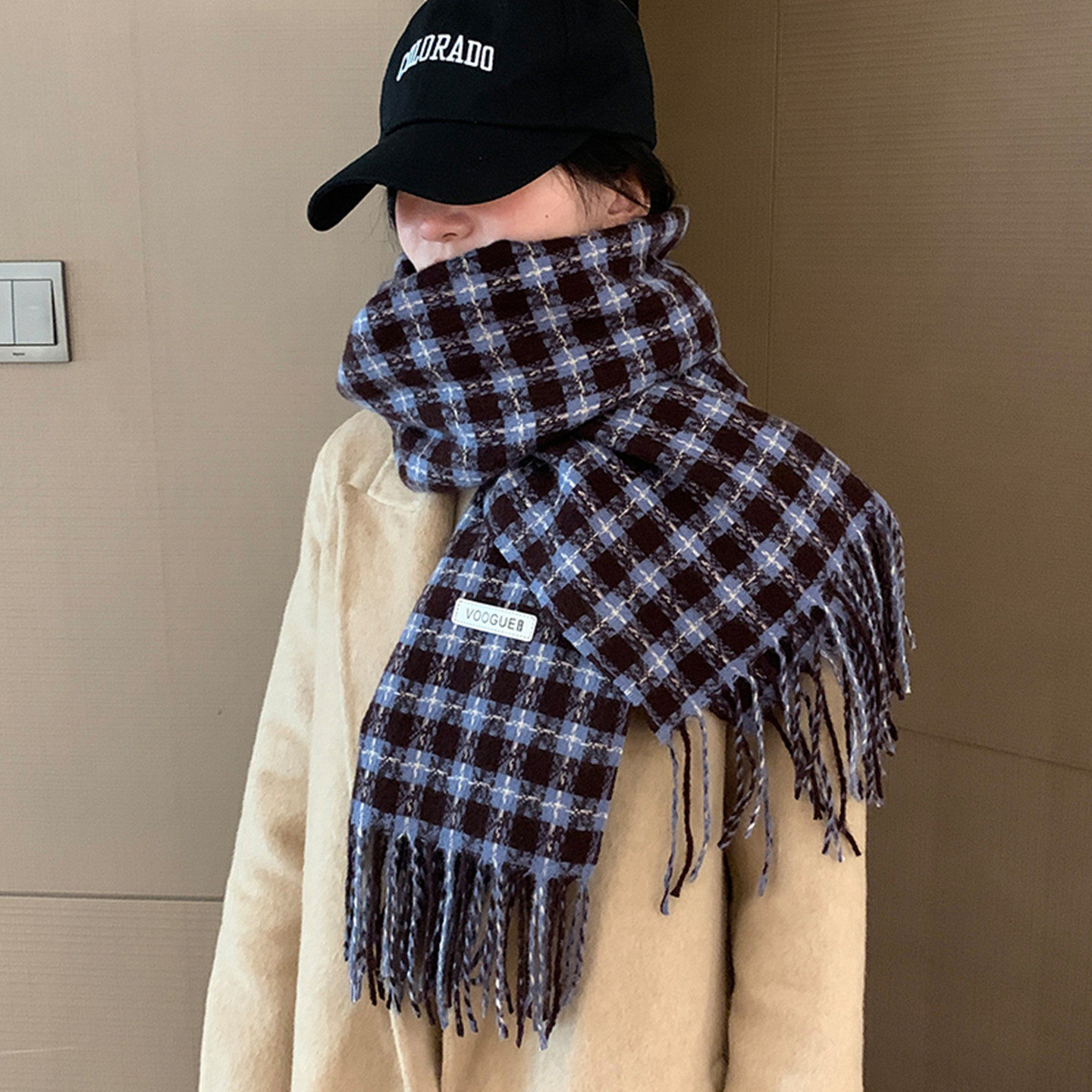 灰蓝色小格子围巾女冬季保暖围脖