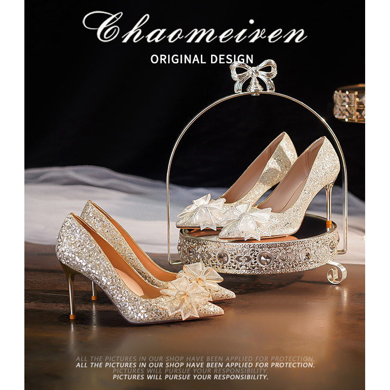 水晶婚鞋女2024年新款秀禾婚纱两穿新娘鞋不累脚蝴蝶结婚礼高跟鞋,女鞋,婚鞋,淘宝优惠券,粉丝福利购,淘宝优惠卷