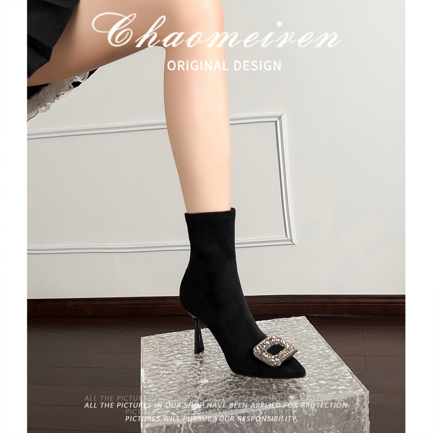 潮美人爆闪水钻尖头细跟弹力靴名媛高跟气质短靴女瘦瘦靴袜靴百搭,女鞋,马丁靴,淘宝优惠券,粉丝福利购,淘宝优惠卷