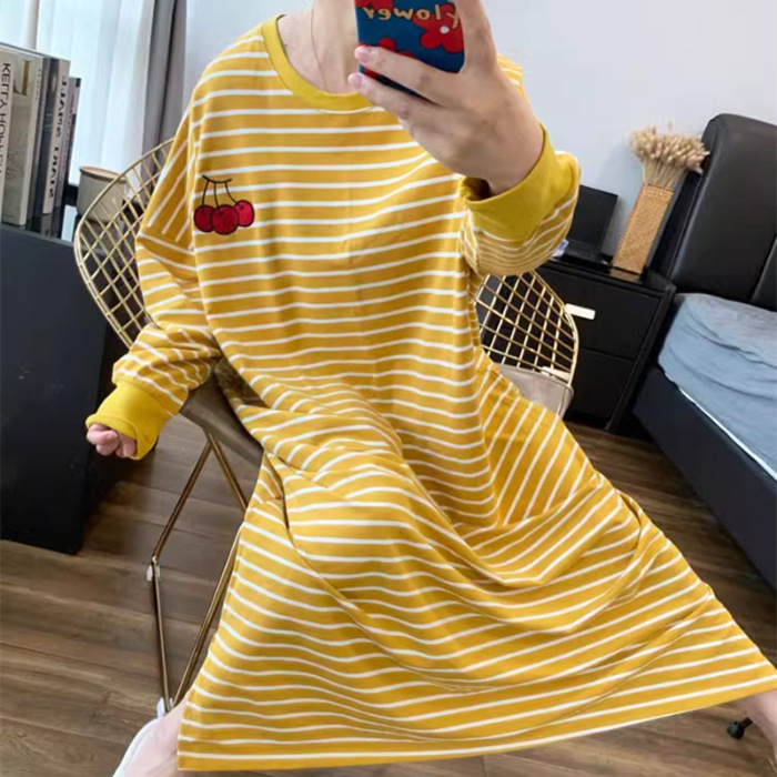 夏季爆款牛奶丝睡裙女长袖条纹睡衣甜美宽松长款连衣裙家居服批发