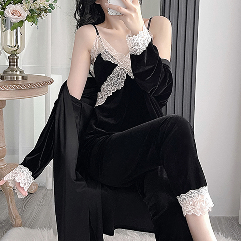 金丝绒睡衣女秋冬季韩版长袖睡袍套装冬天性感蕾丝吊带睡裙三件套