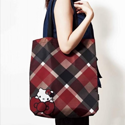 日本杂志附录Kitty格子可折叠环保购物袋卡通印花大容量单肩包女