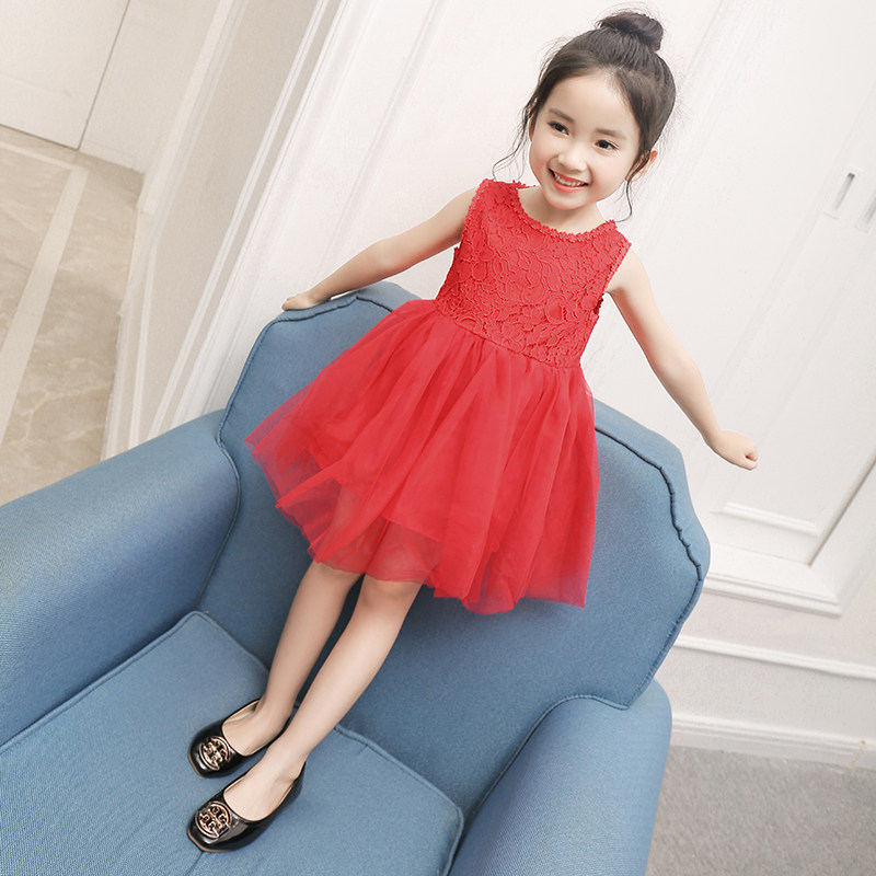 女童连衣裙2025新款儿童公主裙红色夏季蓬蓬纱裙宝宝生日礼服裙子