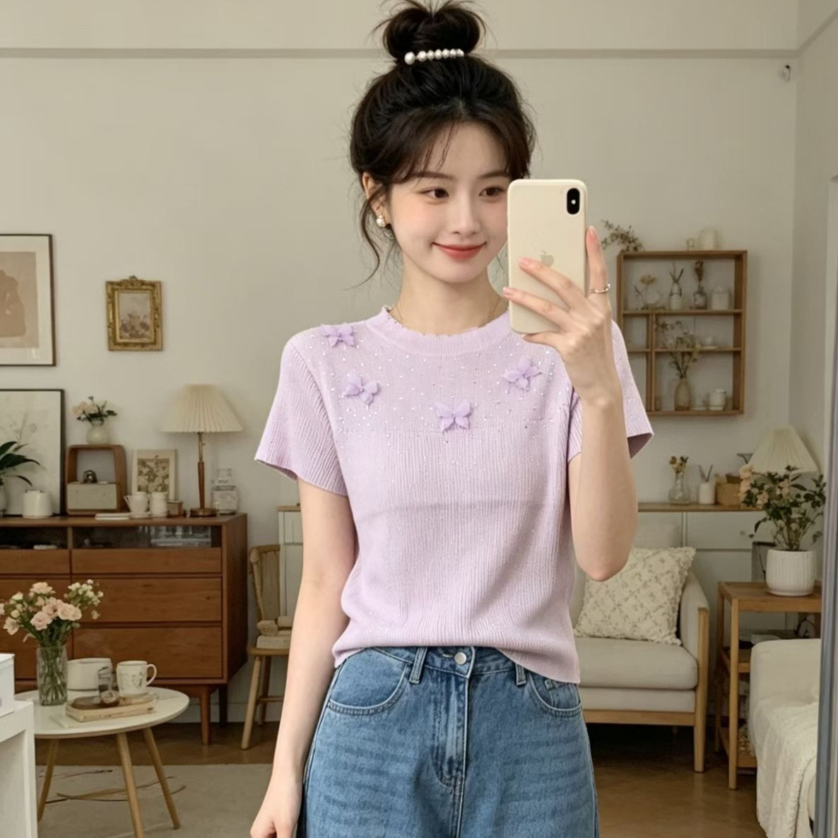立体蝴蝶结烫钻针织短袖女夏季薄款冰丝修身圆领百搭短款小上衣