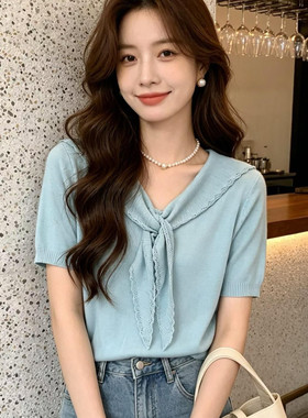 韩系温柔甜美蝴蝶结V领系带短袖针织衫女夏法式气质显瘦百搭上衣