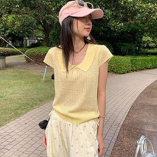 上衣夏季 法式 气质修身 小众娃娃衫 针织衫 POLO领小飞袖 女2025年新款