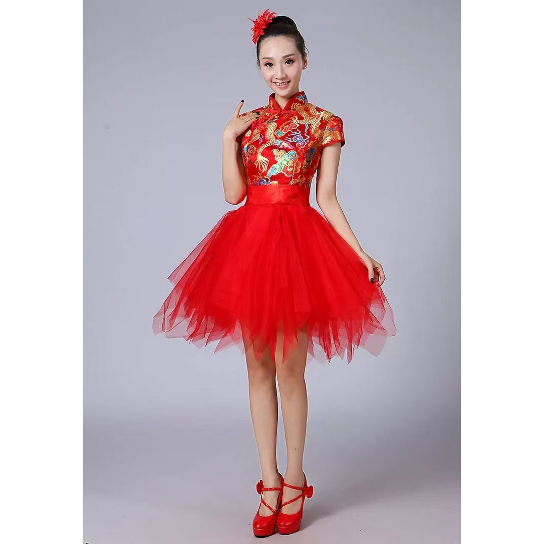 新款打鼓服喜庆舞蹈演出服大人女水鼓服中国风现代舞蹈快板蓬蓬裙