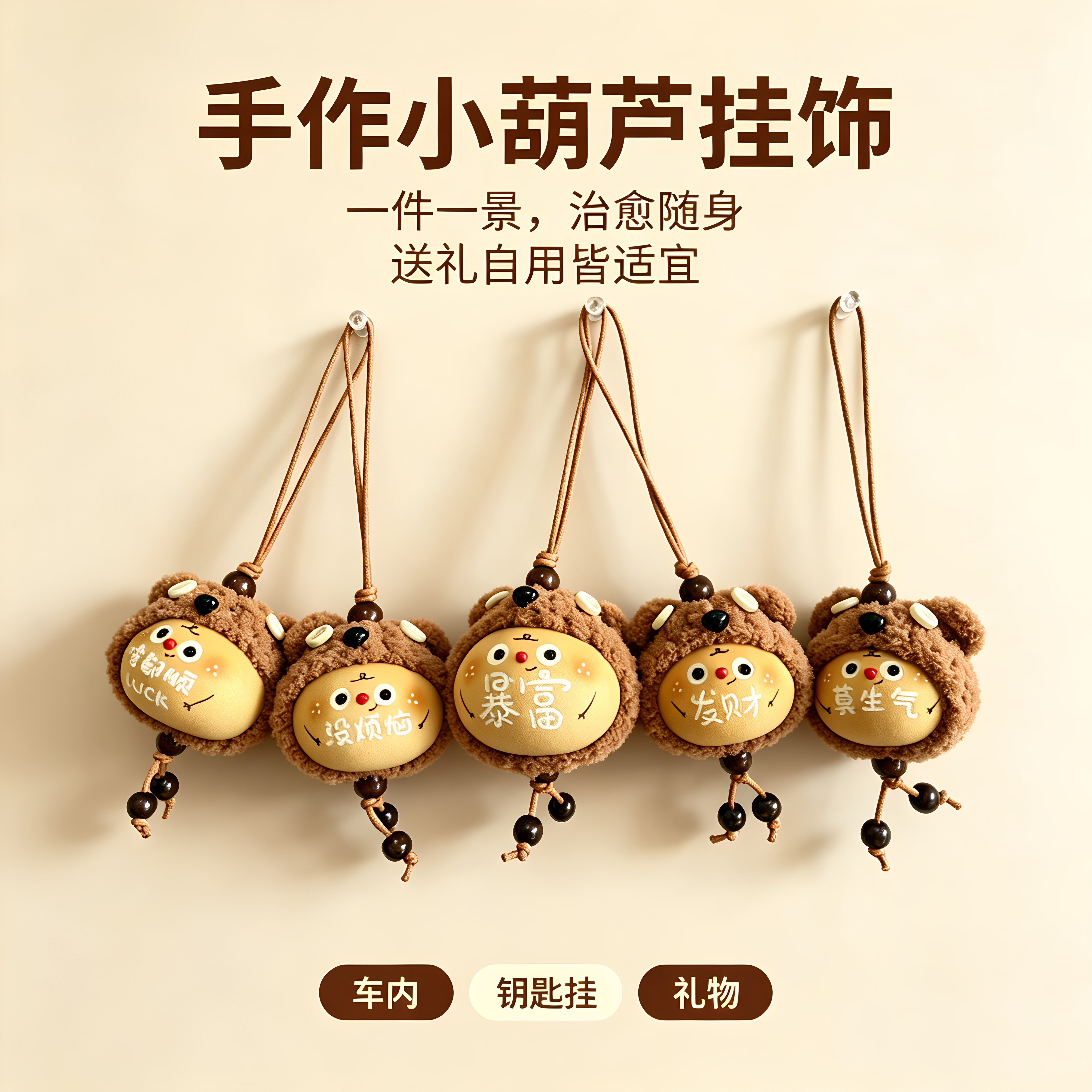 天然葫芦挂件钥匙扣手工雕刻刻字汽车挂件中国风网红葫芦小熊头套